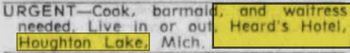 Houghton Lake Hotel (Houghton Lake Tavern, Heards Hotel) - Jun 23 1965 Article (newer photo)